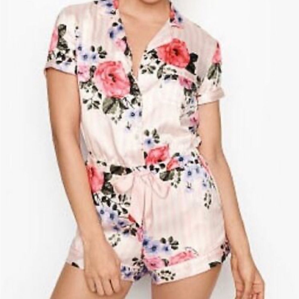Victoria's Secret Womens Floral Satin Belted Romper Pajama Pink Size Medium
